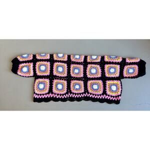 Vintage Handmade Crochet Granny Square Cardigan Sweater Pink Black Boho Festival